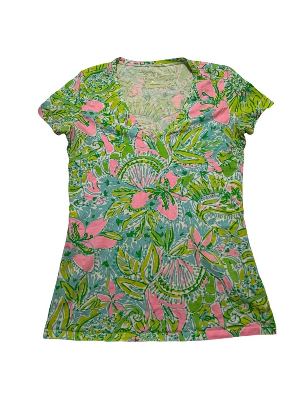 Lilly Pulitzer Womens XS V-Neck T-Shirt Pink Green Floral Paisley Cotton Blend